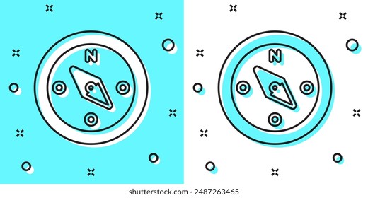 Schwarze Linie Kompass-Symbol isoliert auf grünem und weißem Hintergrund. Windrose-Navigationssymbol. Windrose-Zeichen. Zufällige dynamische Formen. Vektorgrafik