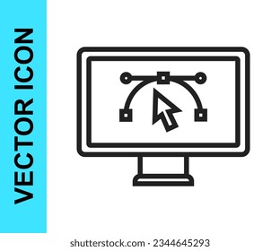 Black line Computer display with vector design program icon isolated on isolated on white background. Photo editor software with user interface.  Vector