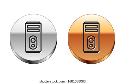 Black line Computer icon isolated on white background. PC component sign. Silver-gold circle button. Vector Illustration