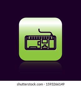 Black line Computer keyboard icon isolated on black background. PC component sign. Green square button. Vector Illustration