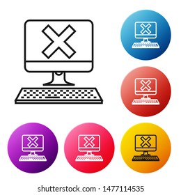 Black line Computer with keyboard and x mark icon on white background. Error window, exit button, cancel, 404 error page not found concept. Set icons colorful circle buttons. Vector Illustration