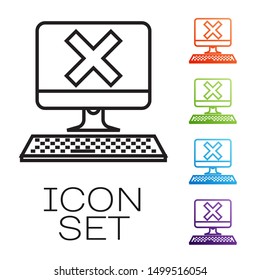 Black line Computer with keyboard and x mark icon isolated on white background. Error window, exit button, cancel, 404 error page not found concept. Set icons colorful. Vector Illustration
