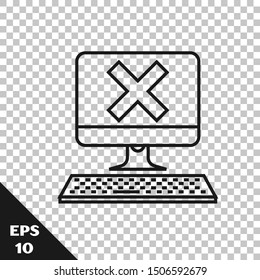 Black line Computer with keyboard and x mark icon isolated on transparent background. Error window, exit button, cancel, 404 error page not found concept.  Vector Illustration