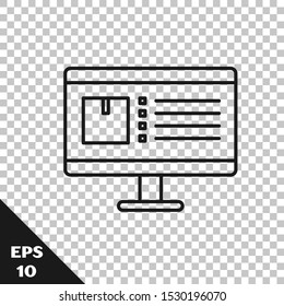 Black line Computer monitor with app delivery tracking icon isolated on transparent background. Parcel tracking.  Vector Illustration