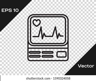 Black line Computer monitor with cardiogram icon isolated on transparent background. Monitoring icon. ECG monitor with heart beat hand drawn.  Vector Illustration