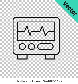 Linha preta Monitor de computador com ícone de cardiograma isolado no fundo transparente. Ícone Monitoramento. Monitor ECG com batimento cardíaco desenhado à mão.  Vetor