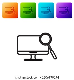 Black line Computer monitor diagnostics icon isolated on white background. Adjusting app, service, setting options, maintenance, repair. Set icons in color square buttons. Vector Illustration