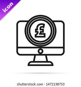 Black line Computer monitor with dollar symbol icon isolated on white background. Online shopping concept. Earnings in the Internet, marketing.  Vector Illustration