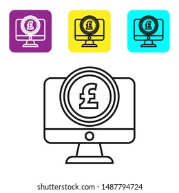 Black line Computer monitor with dollar symbol icon isolated on white background. Online shopping concept. Earnings in the Internet, marketing. Set icons colorful square buttons. Vector Illustration