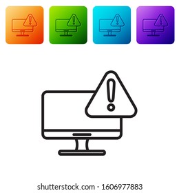 Black line Computer monitor with exclamation mark icon isolated on white background. Alert message smartphone notification. Set icons in color square buttons. Vector Illustration