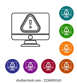 Black line Computer monitor with exclamation mark icon isolated on white background. Alert message smartphone notification. Set icons in color circle buttons. Vector Illustration