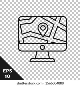 Black line Computer monitor and folded map with location marker icon isolated on transparent background.  Vector Illustration