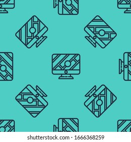 Black line Computer monitor and folded map with location marker icon isolated seamless pattern on green background.  Vector Illustration
