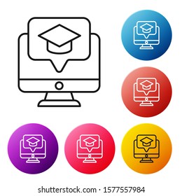 Black line Computer monitor with graduation cap icon isolated on white background. Online learning or e-learning concept. Set icons colorful circle buttons. Vector Illustration