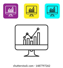 Black line Computer monitor with graph chart icon on white background. Report text file icon. Accounting sign. Audit, analysis, planning. Set icons colorful square buttons. Vector Illustration
