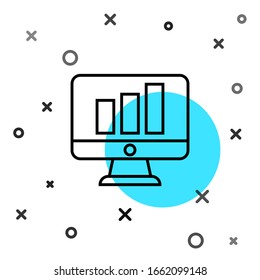 Black line Computer monitor with graph chart icon isolated on white background. Report text file. Accounting sign. Audit, analysis, planning. Random dynamic shapes. Vector Illustration