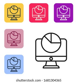 Black line Computer monitor with graph chart icon isolated on white background. Report text file. Accounting sign. Audit, analysis, planning. Set icons in color square buttons. Vector Illustration
