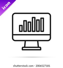 Black line Computer monitor with graph chart icon isolated on white background. Report text file icon. Accounting sign. Audit, analysis, planning.  Vector