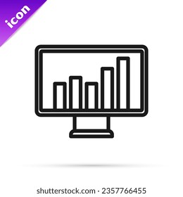 Black line Computer monitor with graph chart icon isolated on white background. Report text file. Accounting sign. Audit, analysis, planning.  Vector