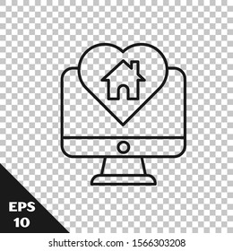 Black line Computer monitor with house in heart shape icon isolated on transparent background. Love home symbol. Family, real estate and realty.  Vector Illustration