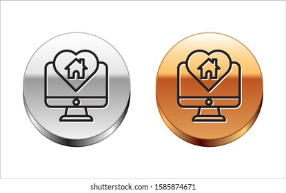 Black line Computer monitor with house in heart shape icon isolated on white background. Love home symbol. Family, real estate and realty. Silver-gold circle button. Vector Illustration