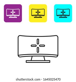 Black line Computer monitor icon isolated on white background. PC component sign. Set icons colorful square buttons. Vector Illustration