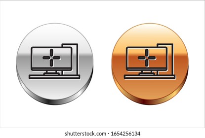 Black line Computer monitor icon isolated on white background. PC component sign. Silver-gold circle button. Vector Illustration