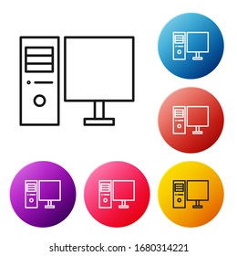 Black line Computer monitor icon isolated on white background. PC component sign. Set icons colorful circle buttons. Vector Illustration