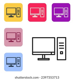 Black line Computer monitor icon isolated on white background. PC component sign. Set icons in color square buttons. Vector Illustration