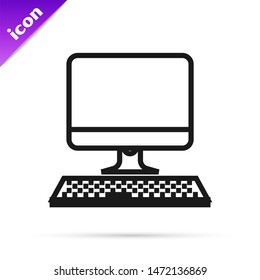 Black line Computer monitor with keyboard icon isolated on white background. PC component sign.  Vector Illustration