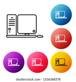Black line Computer monitor with keyboard and mouse icon isolated on white background. PC component sign. Set icons colorful circle buttons. Vector Illustration