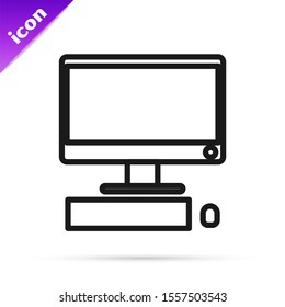 Black line Computer monitor with keyboard and mouse icon isolated on white background. PC component sign.  Vector Illustration