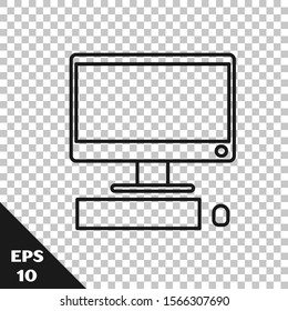 Black line Computer monitor with keyboard and mouse icon isolated on transparent background. PC component sign.  Vector Illustration