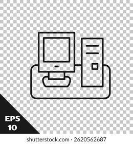 Black line Computer monitor with keyboard and mouse icon isolated on transparent background. PC component sign.  Vector