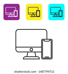 Black line Computer monitor and mobile phone icon isolated on white background. Earnings in the Internet, marketing. Set icons colorful square buttons. Vector Illustration