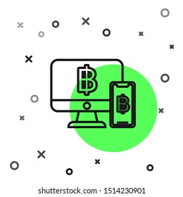 Black line Computer monitor with mobile phone and bitcoin icon isolated on white background. Online shopping concept. Earnings in the Internet.  Vector Illustration