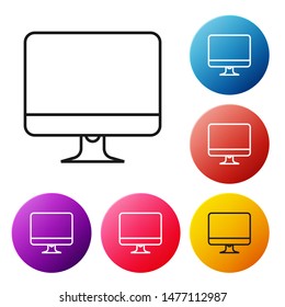 Black line Computer monitor screen icon isolated on white background. Electronic device. Front view.  Set icons colorful circle buttons. Vector Illustration