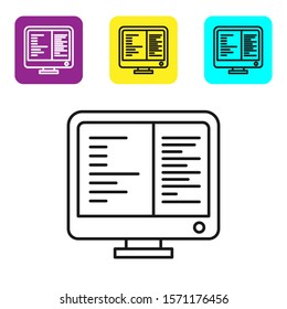 Black line Computer monitor screen icon isolated on white background. Electronic device. Front view. Set icons colorful square buttons. Vector Illustration