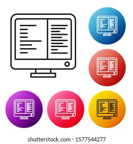 Black line Computer monitor screen icon isolated on white background. Electronic device. Front view. Set icons colorful circle buttons. Vector Illustration