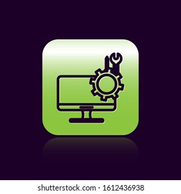 Black line Computer monitor with screwdriver and wrench icon isolated on black background. Adjusting, service, setting, maintenance, repair. Green square button. Vector Illustration