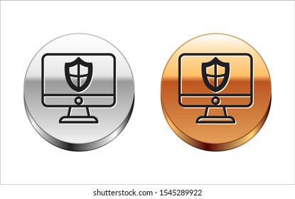 Black line Computer monitor and shield icon isolated on white background. Security, firewall technology, internet privacy safety or antivirus. Silver-gold circle button. Vector Illustration