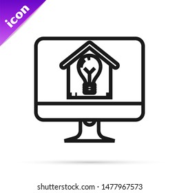 Black line Computer monitor with smart house and light bulb icon isolated on white background.  Vector Illustration