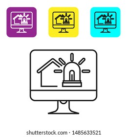 Black line Computer monitor with smart house and alarm icon isolated on white background. Security system of smart home. Set icons colorful square buttons. Vector Illustration