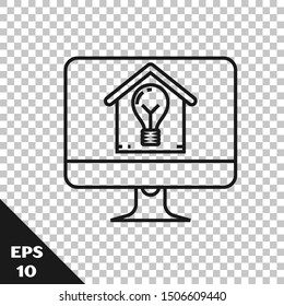Black line Computer monitor with smart house and light bulb icon isolated on transparent background.  Vector Illustration