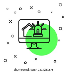 Black line Computer monitor with smart house and alarm icon isolated on white background. Security system of smart home.  Vector Illustration