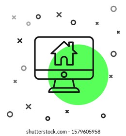 Black line Computer monitor with smart home icon isolated on white background. Remote control.  Vector Illustration