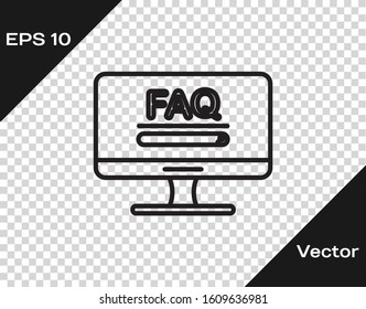 Black line Computer monitor with text FAQ information icon isolated on transparent background. Frequently asked questions.  Vector Illustration