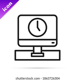 Black line Computer monitor time icon isolated on white background. Electronic device. Front view.  Vector