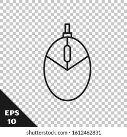 Black line Computer mouse gaming icon isolated on transparent background. Optical with wheel symbol.  Vector Illustration