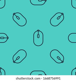 Black line Computer mouse gaming icon isolated seamless pattern on green background. Optical with wheel symbol.  Vector Illustration